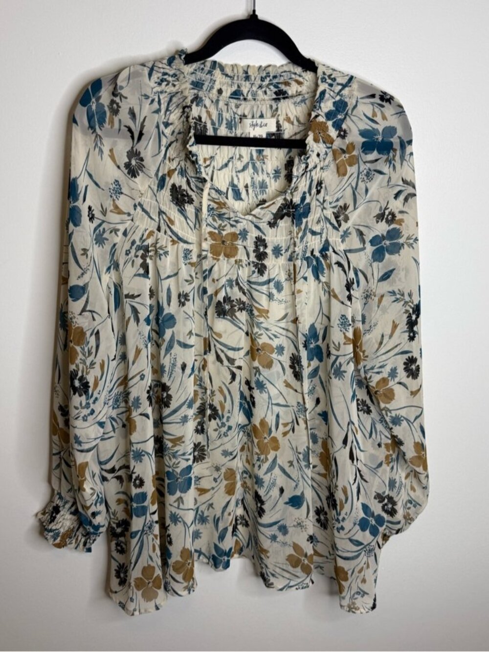 Style & Co. Cream Floral Peasant Blouse with Teal & Mustard Accents size XL